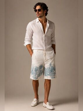 NEW - GIVENCHY LINEN BERMUDA SHORTS IN WHITE AND BLUE, Size 38